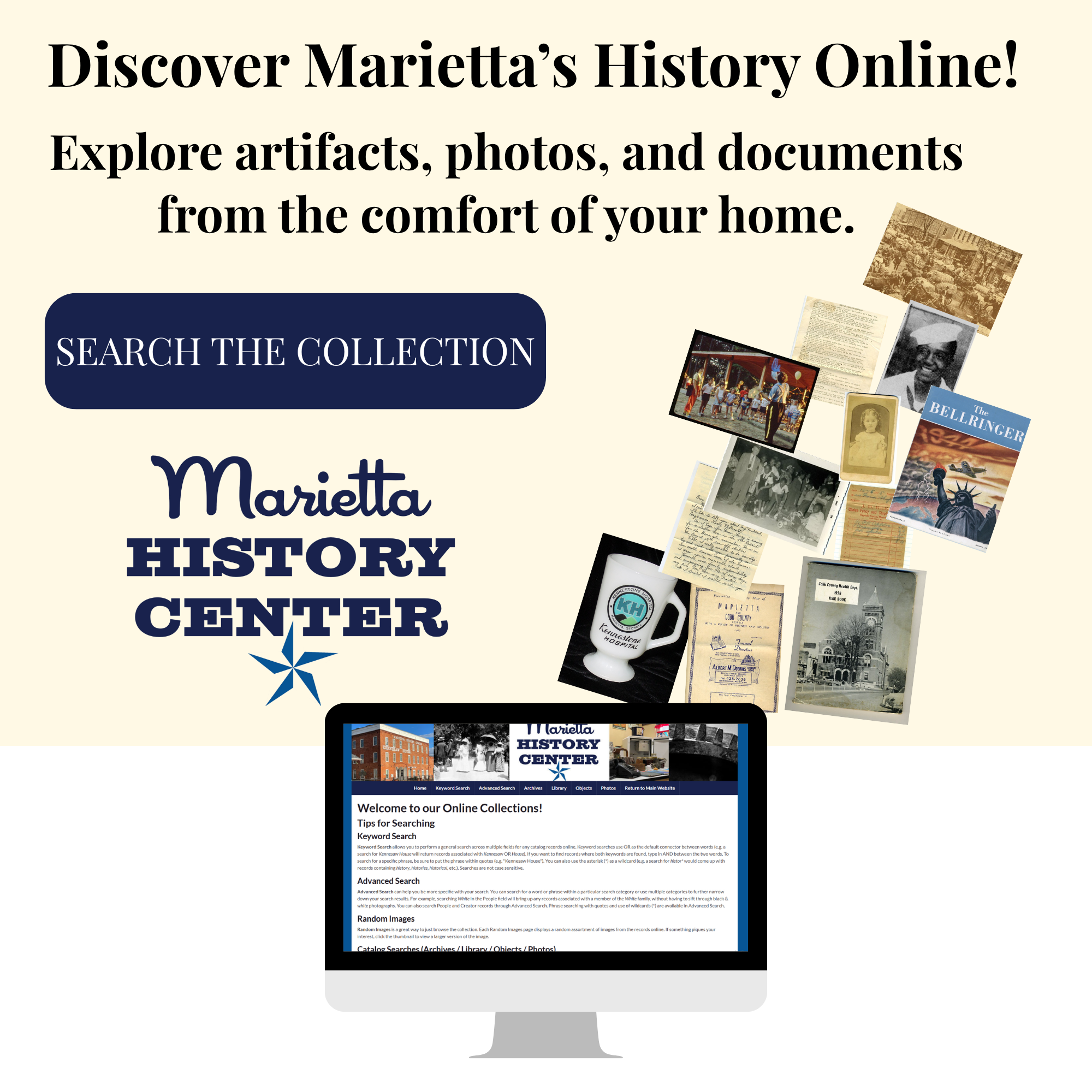 Computer monitor displaying an online Marietta history center collection website with navigation links and sample images of historical artifacts.