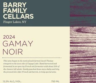 Label of Barry Family Cellars Gamay Noir wine from Finger Lakes, NY, vintage 2024, with technical description and alcohol content of 12.2%, 750 ml bottle.