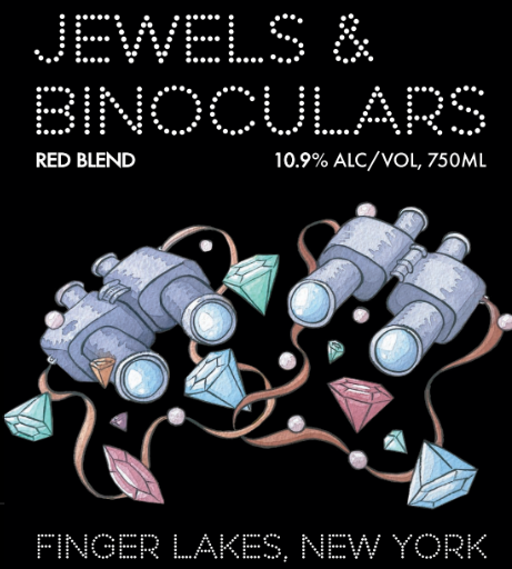 A label for a wine called 'Jewels & Binoculars Red Blend' with 10.9% alcohol volume, 750ml, featuring illustrations of binoculars and colorful gemstones, and text indicating it is from Finger Lakes, New York.