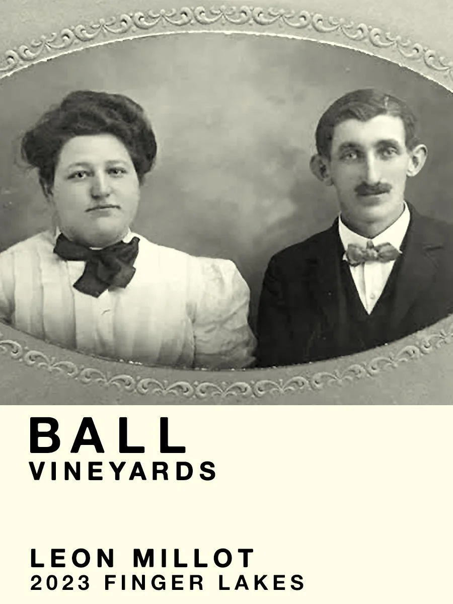 A black-and-white vintage photograph of a woman and a man dressed formally, with the woman wearing a bow tie and the man in a suit with a bow tie, in an oval frame. This image appears to be part of a promotional material for a winery event at Ball Vineyards, featuring Leon Millot wine from the 2023 Finger Lakes harvest.