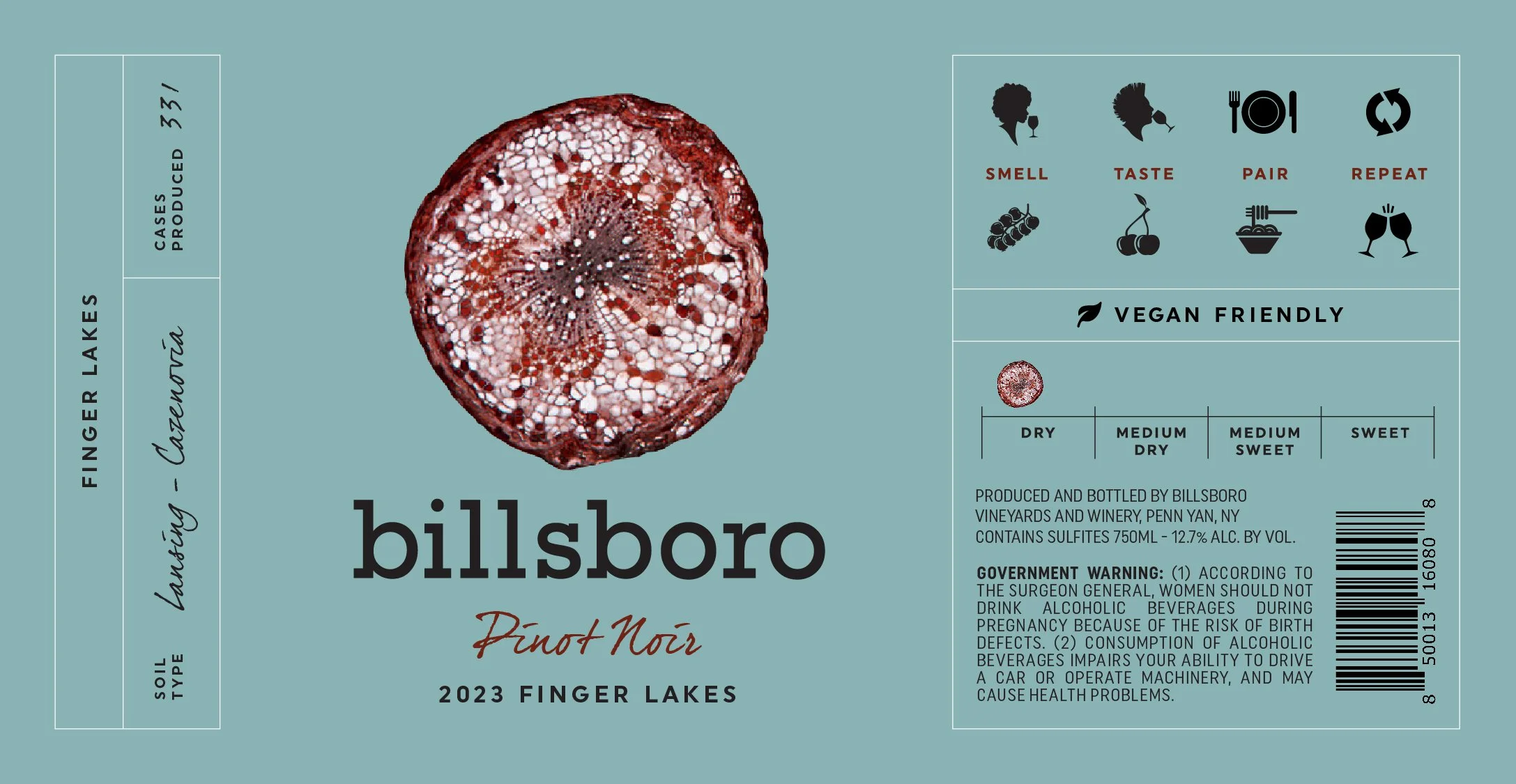 Wine label for Billsboro, a Pinot Nozi from Finger Lakes, featuring a detailed image of a cross-section of a grape and information about the wine, including that it is vegan friendly and produced in Penn Yan, NY.