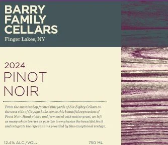 Wine label for Barry Family Cellars 2024 Pinot Noir from Finger Lakes, NY, with alcohol content of 12.4%, 750 ml.