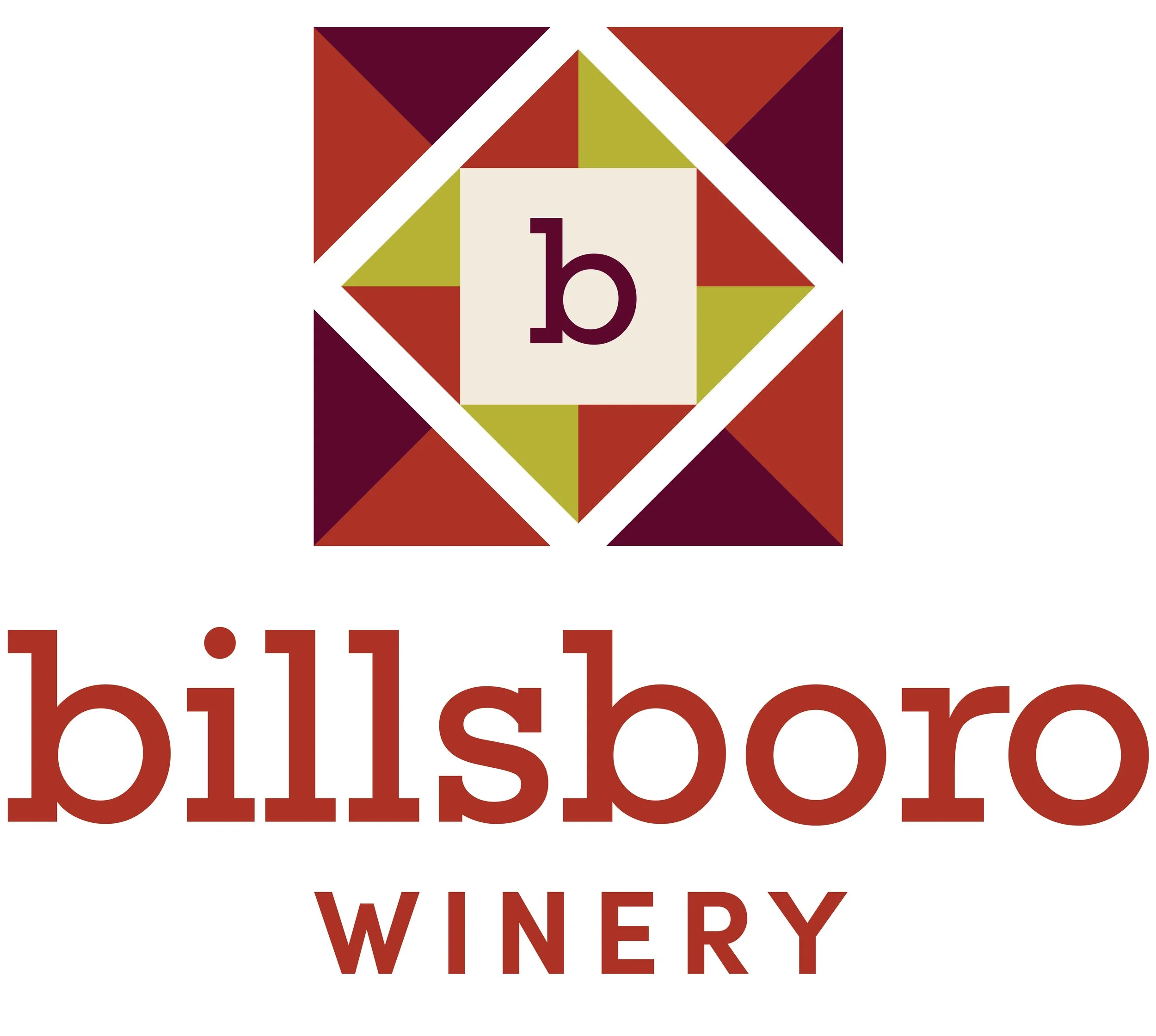 Billsboro Winery Logo, made of geometric shapes in red, purple, and green, with the words in large red letters beneath.