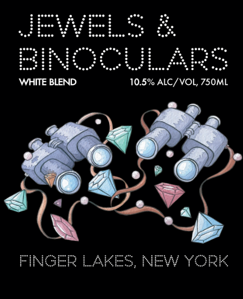 A beverage label with the words 'Jewels & Binoculars' and 'White Blend, 10.5% ALC/VOL, 750ML'; it features illustrations of binoculars with gems and diamonds intertwined among them, set against a black background.