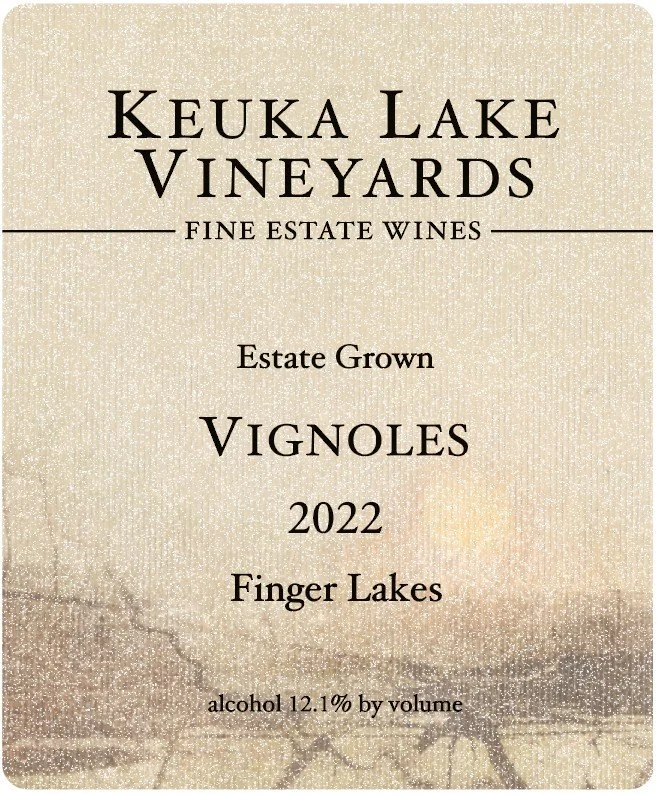 Close-up of a wine label for Keuka Lake Vineyards Vignoles 2022, Finger Lakes, estate-grown, with 12.1% alcohol content.