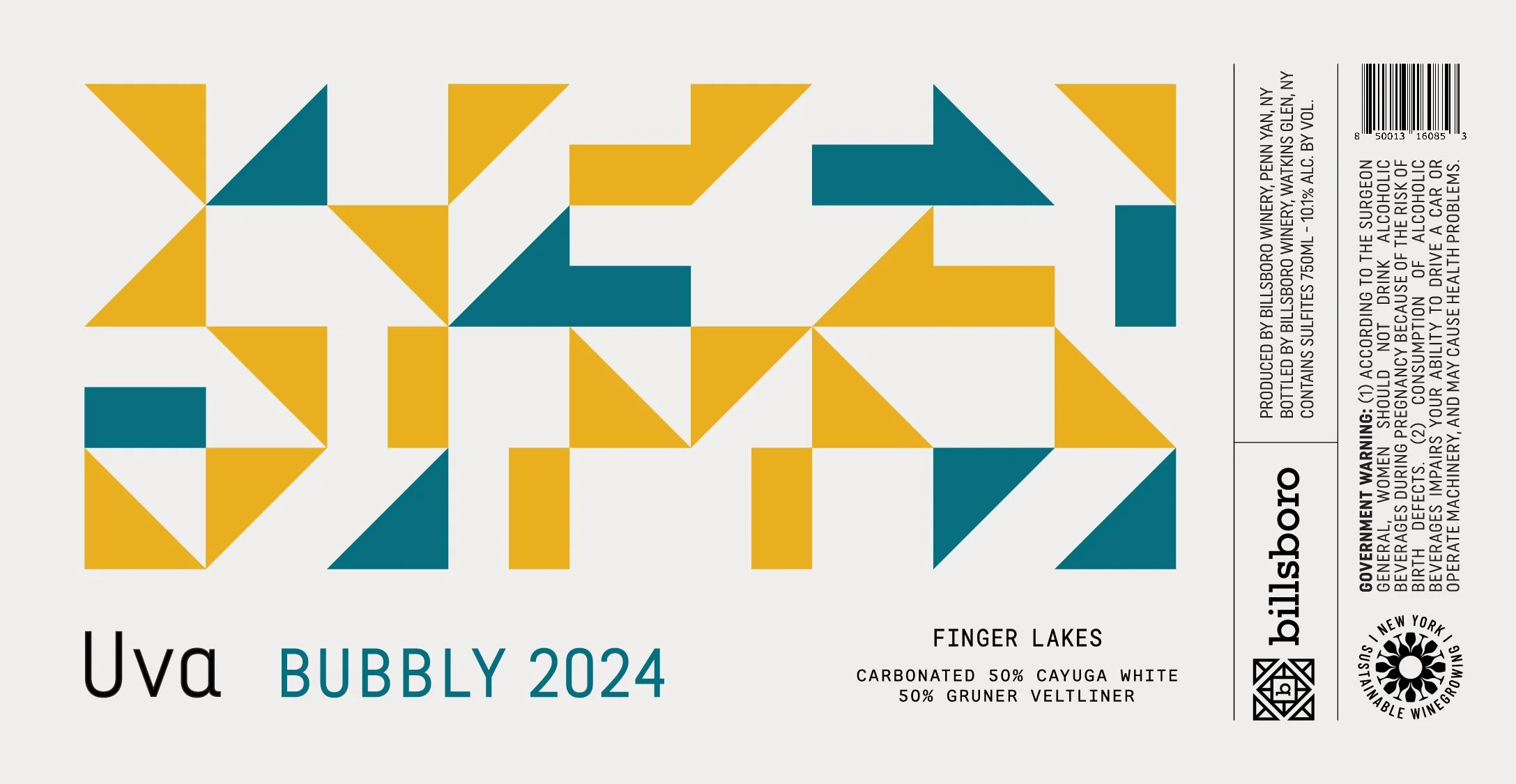 Close-up of a wine label with geometric pattern in yellow and teal, and text indicating it's for a wine called Uva Bubbly 2024 from Finger Lakes, with details about grape blend and alcohol content.