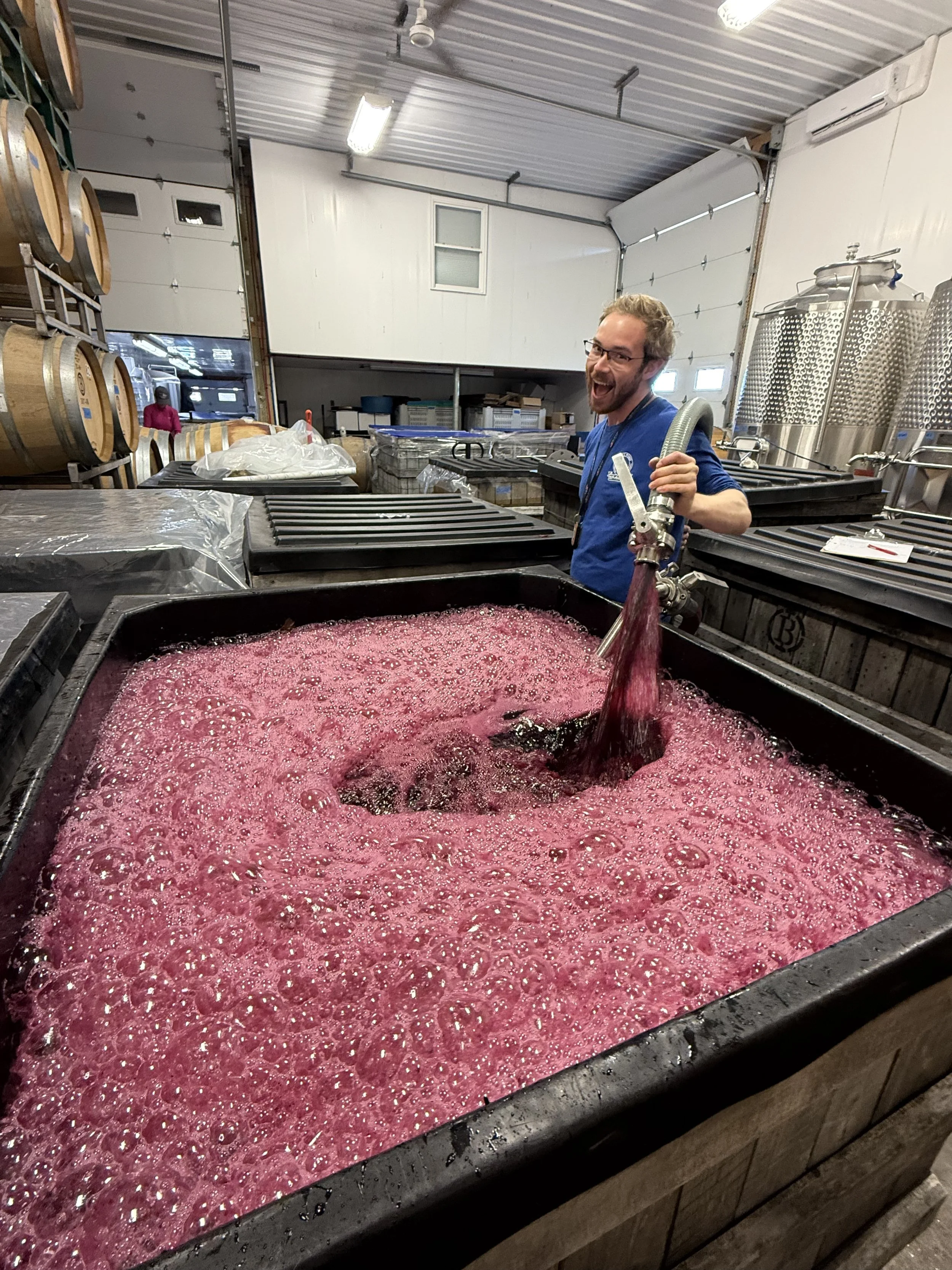 Finger Lakes Selections founder, Tucker Coburn, dyeing red wine in a large tank, smiling and holding a hose in a winery.