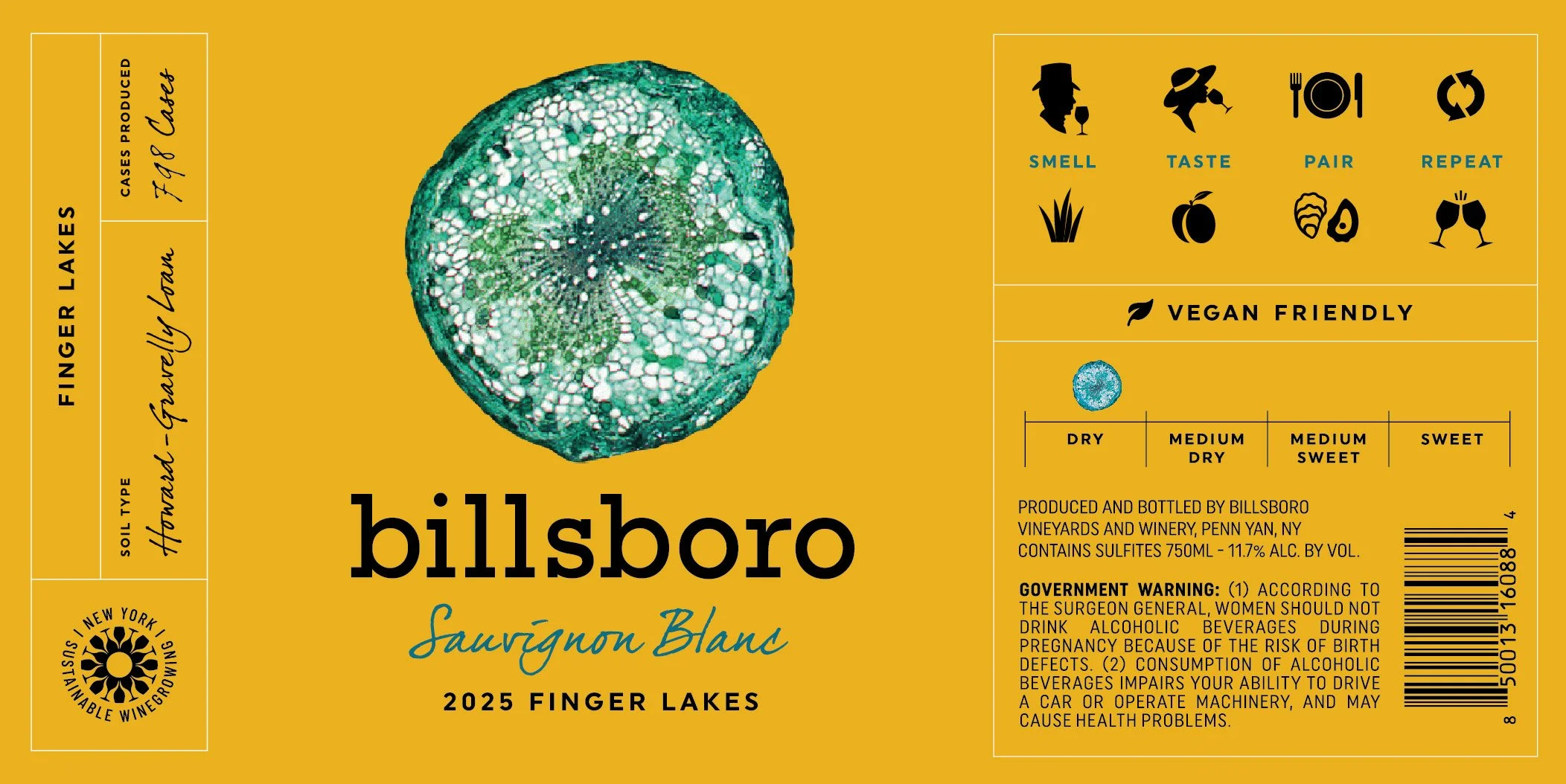 A wine label for Billsboro Sauvignon Blanc featuring a picture of a cross-section of a lemon. The label includes details about the wine's type, origin, and tasting notes, and icons indicating the wine's qualities and pairing suggestions.