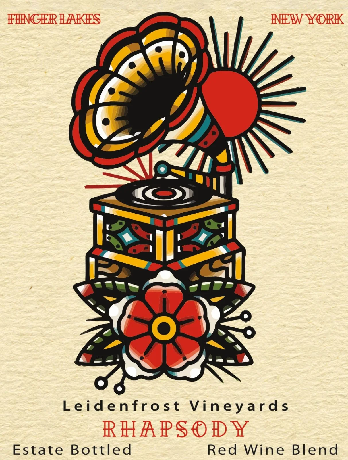 Colorful stylized label for Leidenfrost Vineyards Rhapsoody red wine, featuring a vintage phonograph and floral motifs, with text indicating estate bottled and red wine blend.