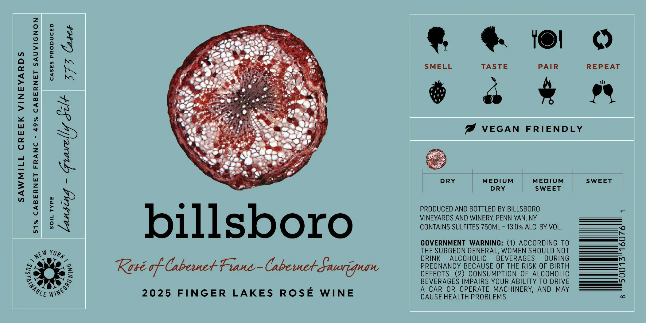 Wine label for Billsboro Rosé of Cabernet Franc-Cabernet Sauvignon featuring a cross-section of a grape, with sections indicating flavor profile as dry to sweet, and notes that it is vegan friendly, produced in Finger Lakes, New York.