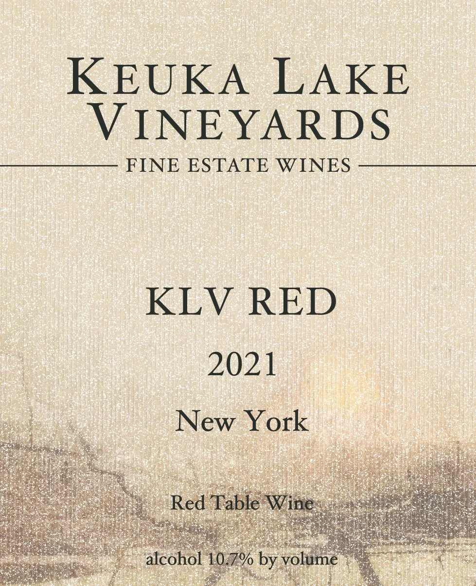 Wine label for Keuka Lake Vineyards KLV Red 2021 from New York, describing it as a red table wine with 10.7% alcohol by volume.