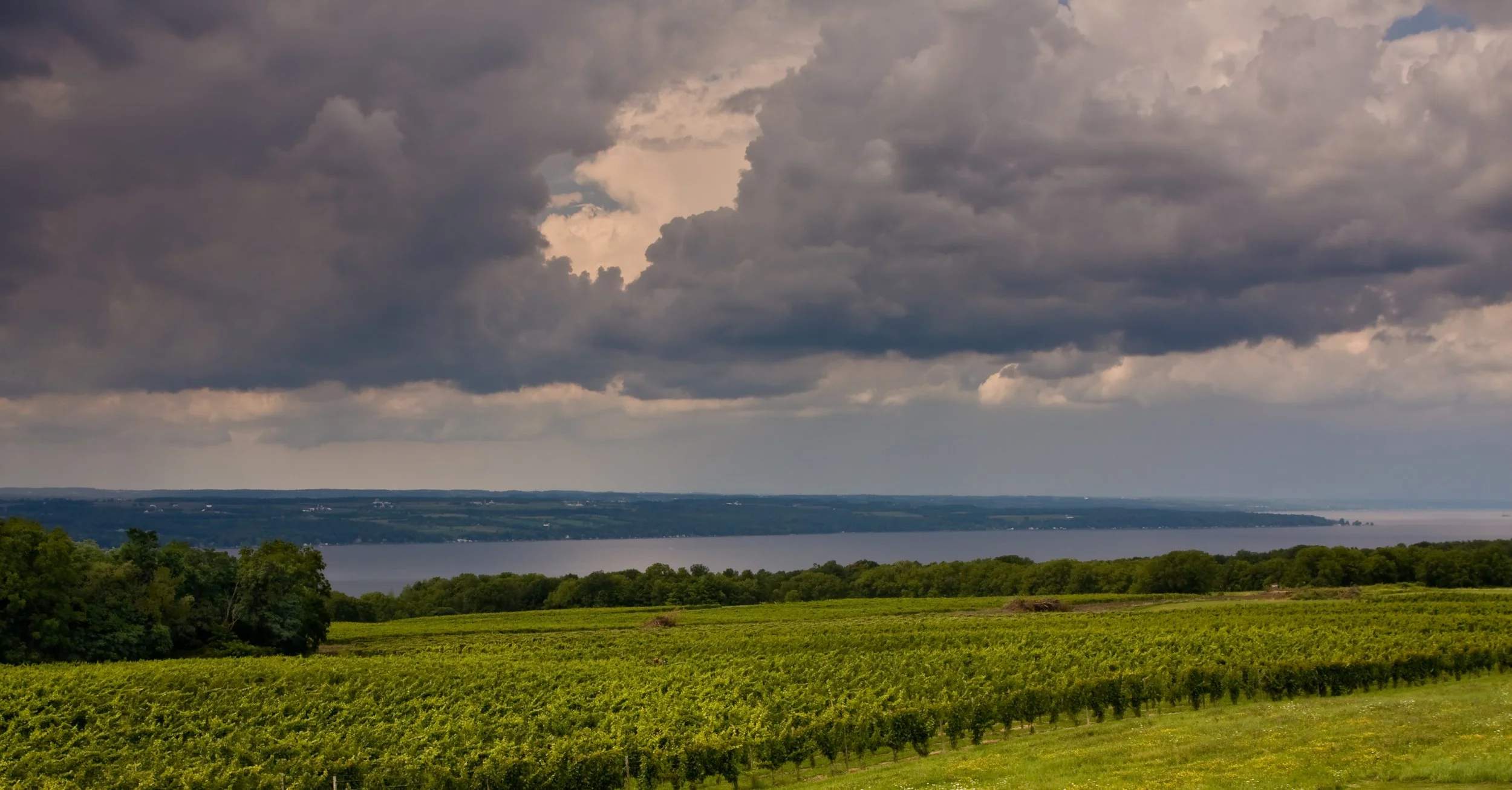 A landscape view showing green fields, a body of water in the distance, and a dark, cloudy sky overhead.
