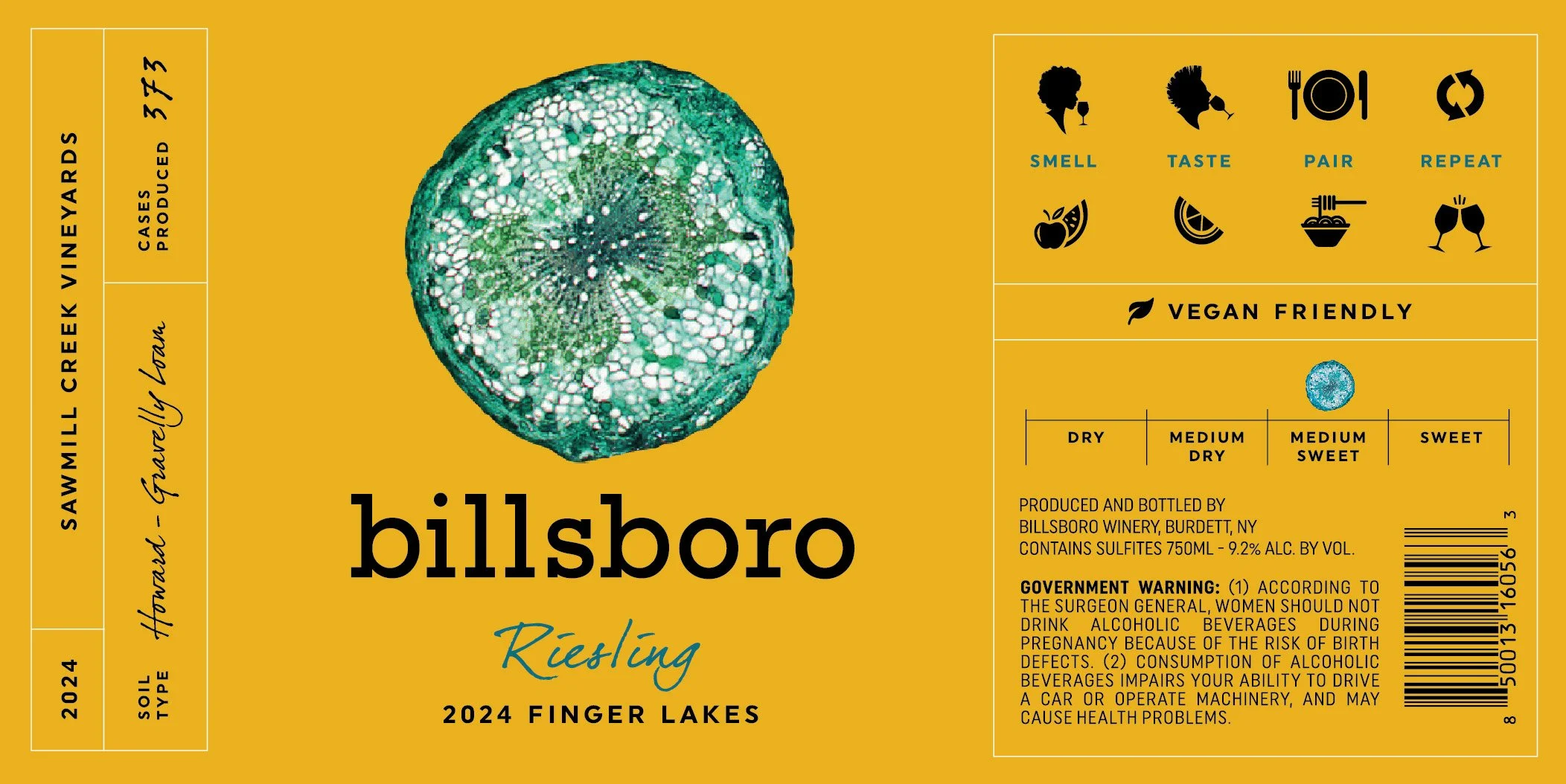 Wine label featuring a sliced starfruit, labeled as a 2024 Riesling from Finger Lakes, produced by Billsboro Winery, with vegan-friendly and alcoholic content details.