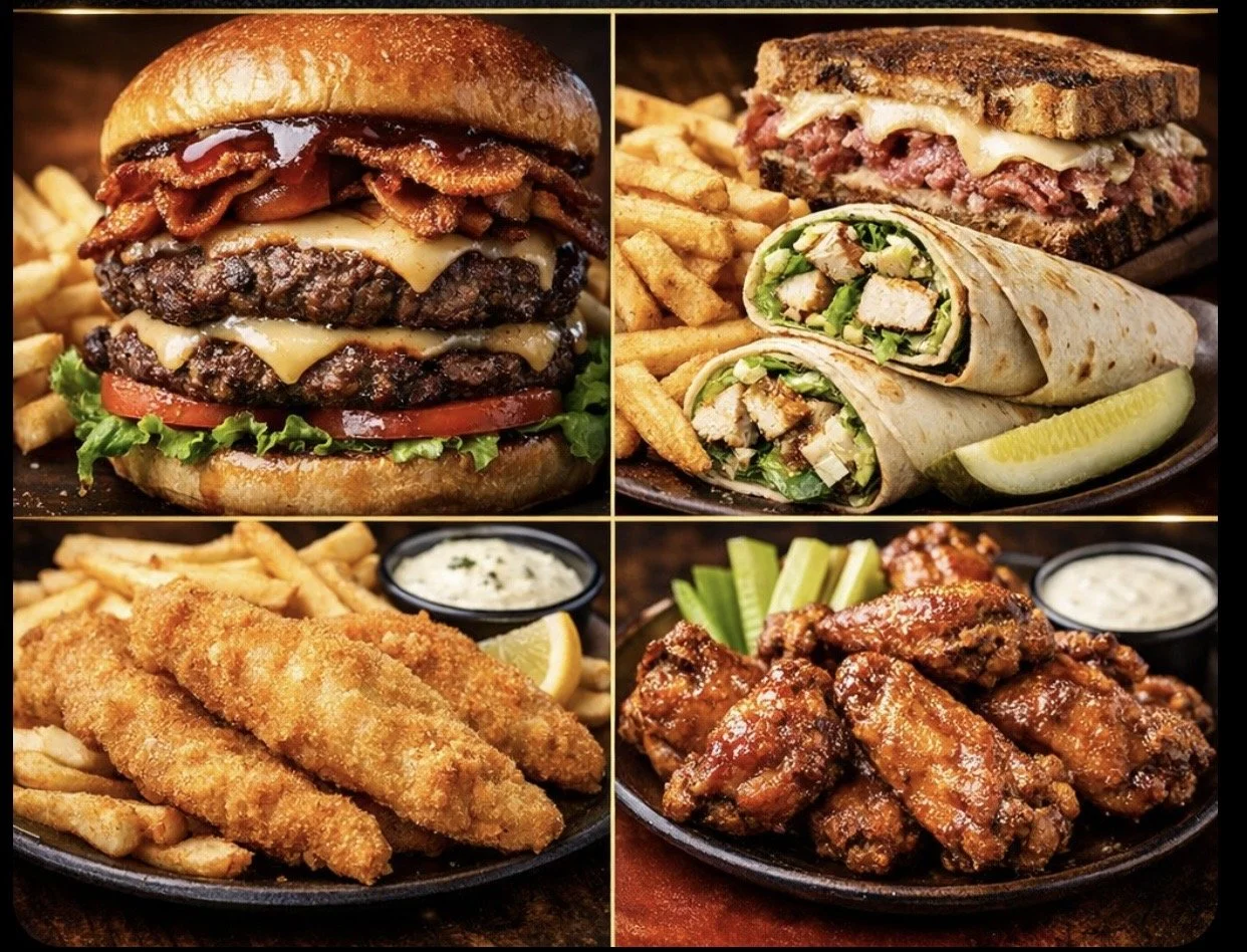 A collage of four images featuring American comfort food: a bacon cheeseburger with fries, a sandwich with fries and a wrap with fries, breaded fried fish with tartar sauce and lemon, and buffalo chicken wings with celery, carrot sticks, and blue cheese dressing.