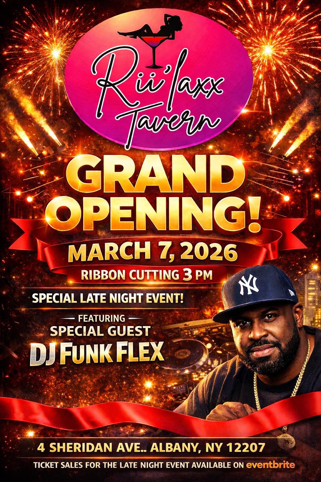 The event is on March 7, 2026, with a ribbon cutting at 3 PM, a late night event, and a special guest DJ Funk Flex at 4 Sheridan Ave, Albany, NY 12207.