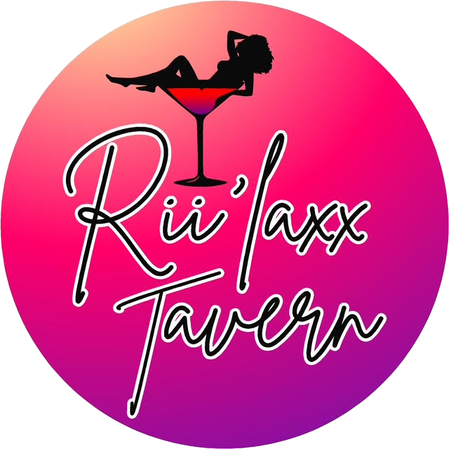 A circular logo with a pink and purple gradient background, featuring a silhouette of a woman lounging in a cocktail glass, and the text "Rii Laxx Tavern" written in stylish black and white script.
