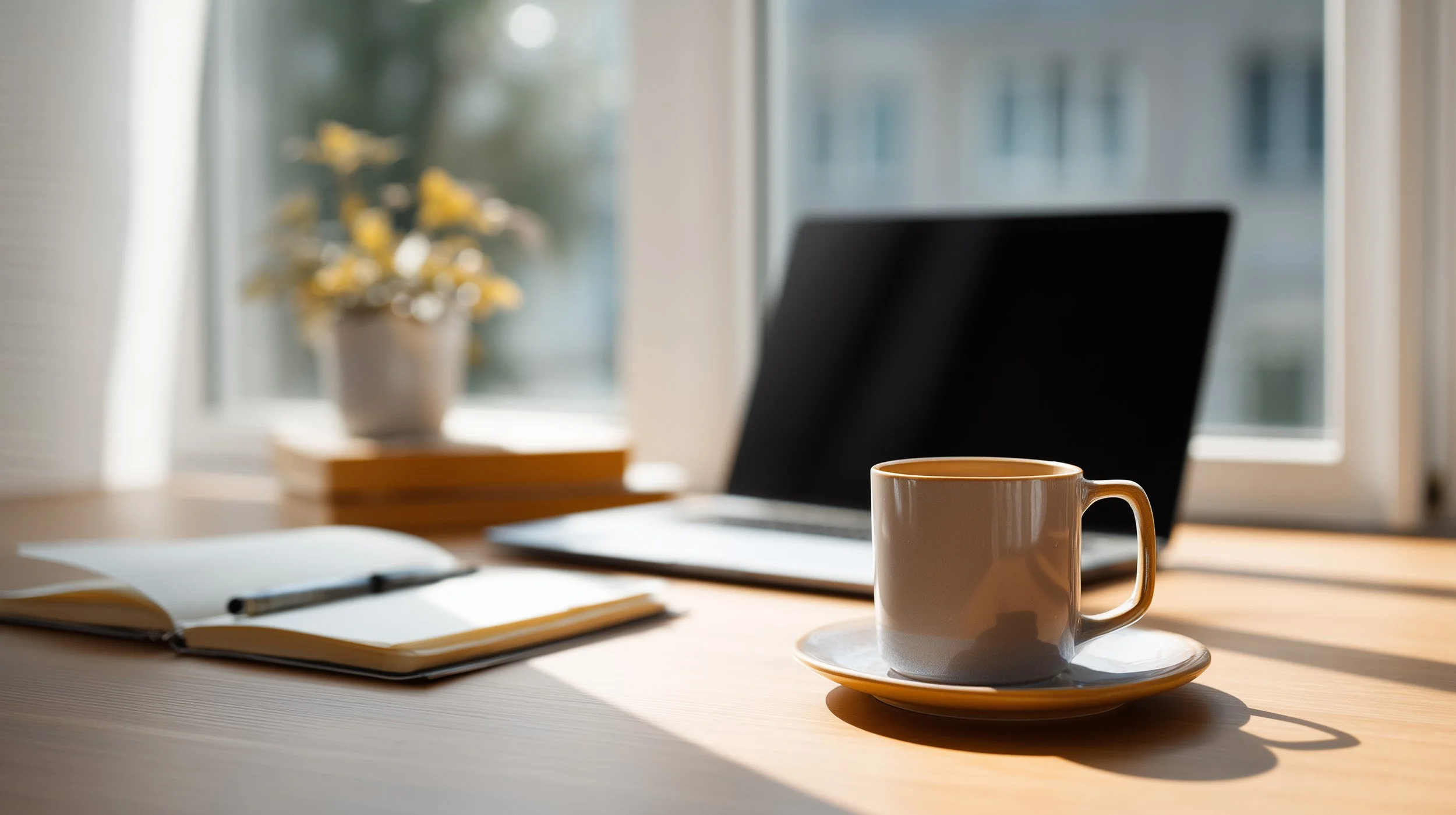 Calm business workspace with a laptop, notebook, and coffee, representing reliable managed IT support for small businesses