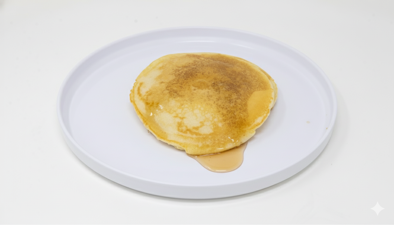 Pancake with butter and syrup on a white plate