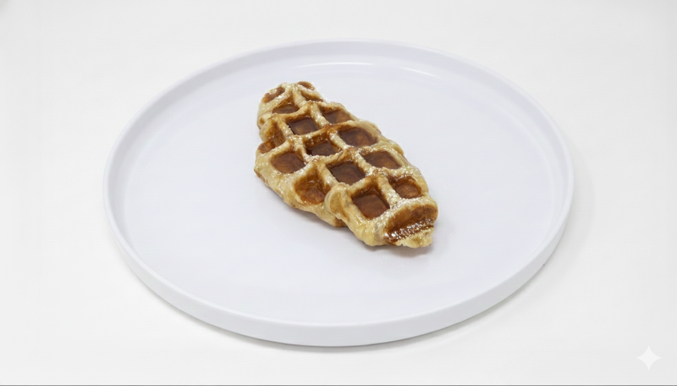 Two pieces of a waffle on a white plate