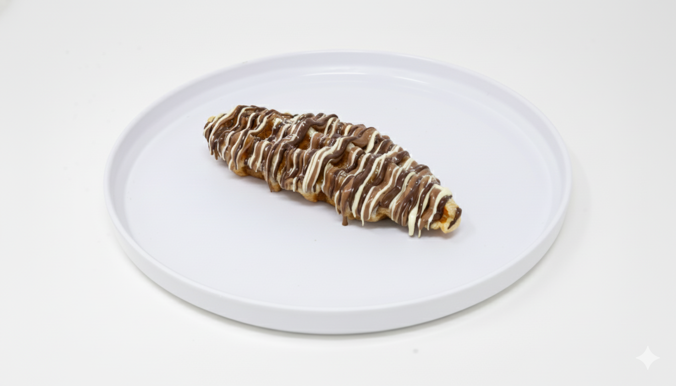 A waffle covered with whipped cream and topped with chocolate and white drizzle on a white plate.
