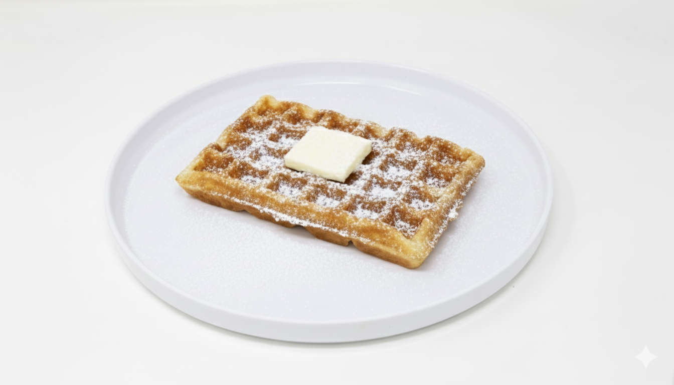 A waffle with a pat of butter on top, dusted with powdered sugar, served on a white plate.