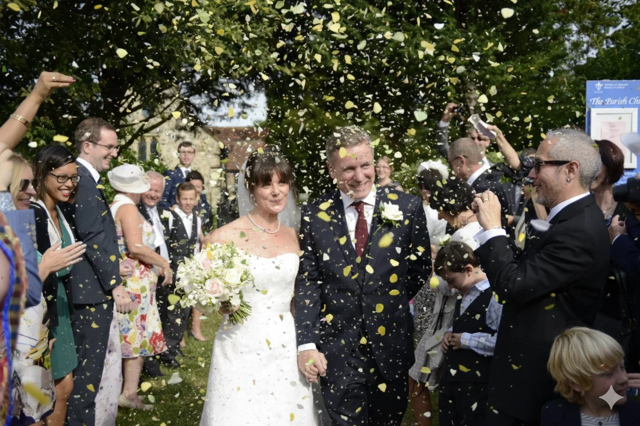 A bride and groom holding hands and smiling during their wedding celebration, surrounded by guests throwing yellow flower petals outdoors.