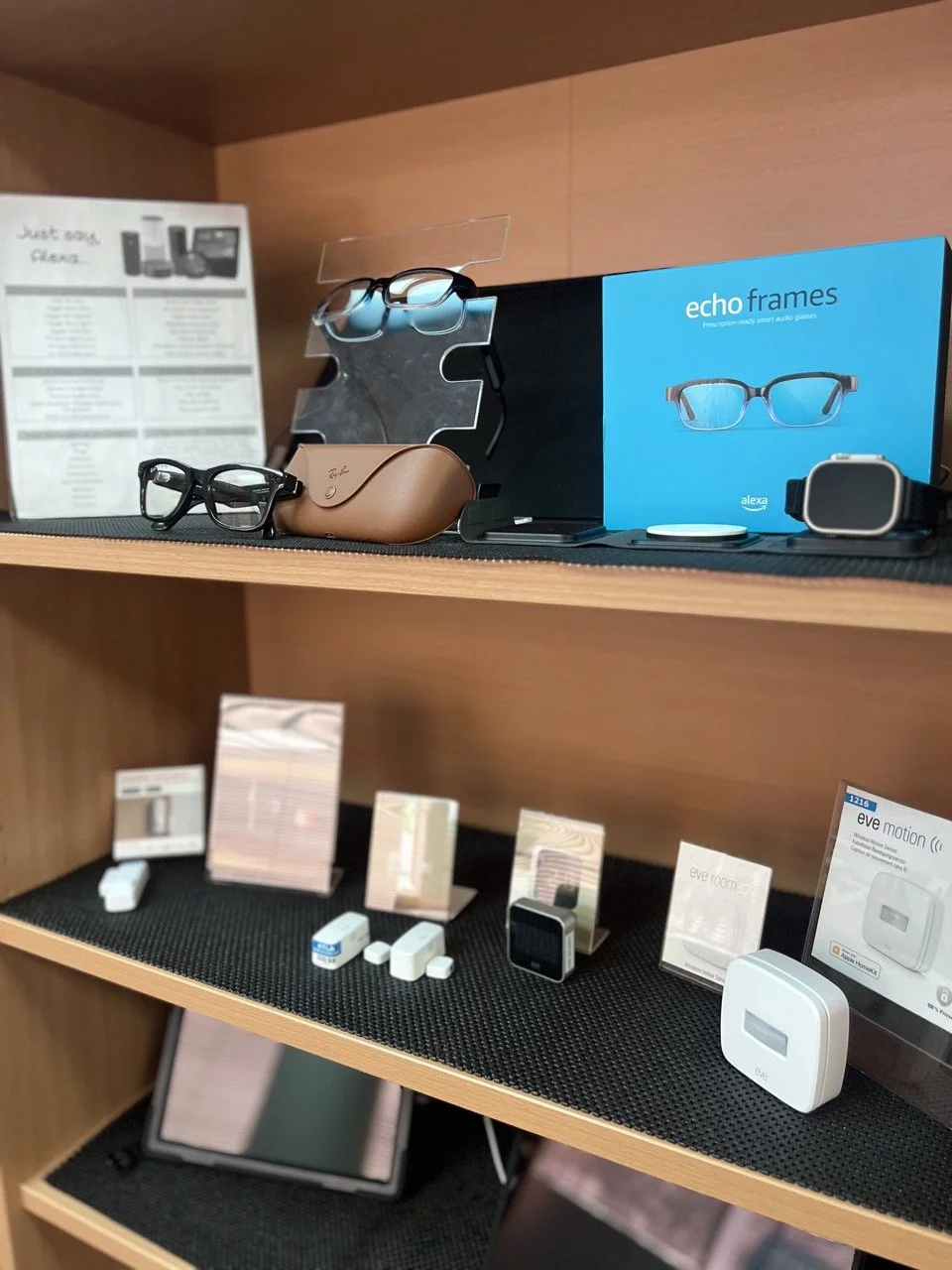 shelf for environmental controls including echo frames and meta glasses