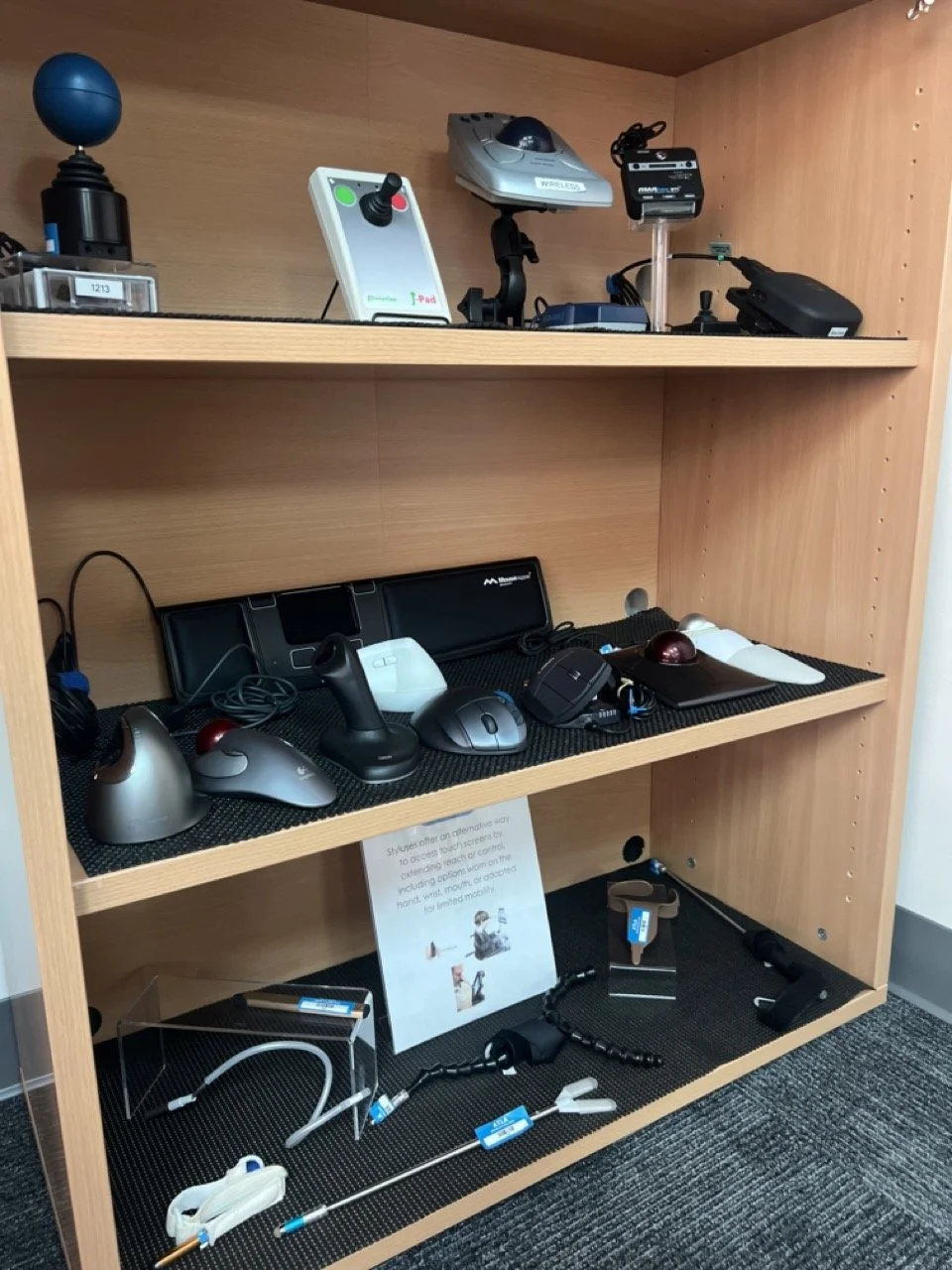 Variety of tools in the computer access area with styluses and mice