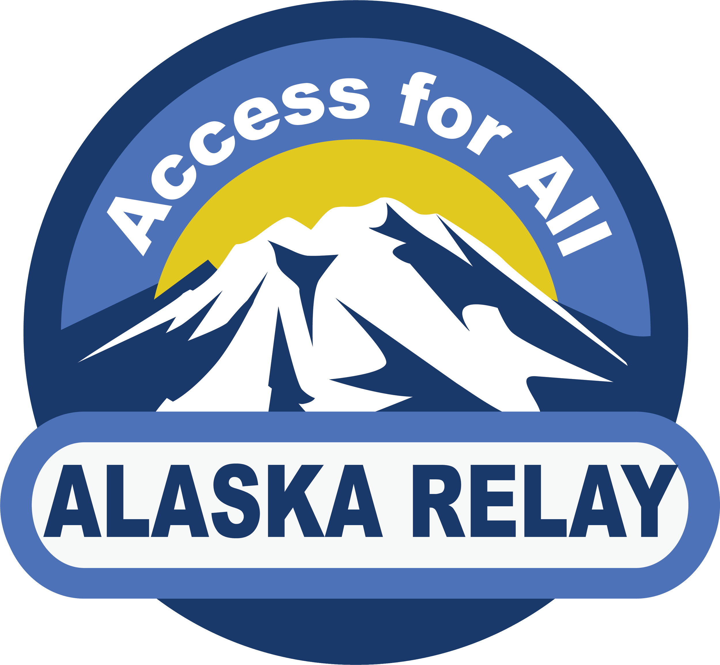Logo for the Alaska Relay, featuring a mountain with snow and a yellow sun or moon behind it, with blue sky, the phrase 'Access for All' above, and 'Alaska Relay' on a white banner below.