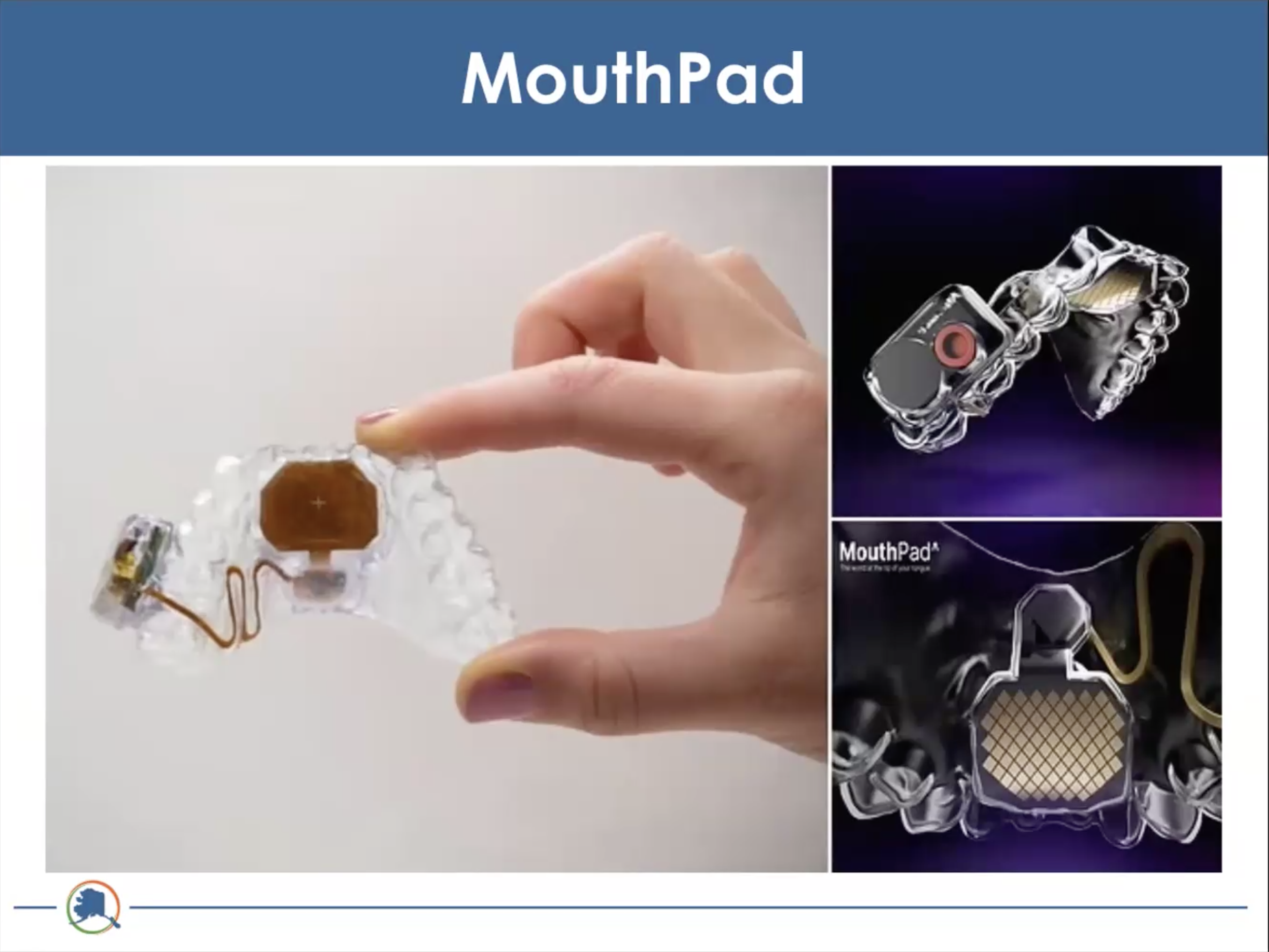 Screen grab from webinar showing a slide deck with Mouth Pad written at the top and three images of mouth pad a new mouse that can be controlled from a mouth insert