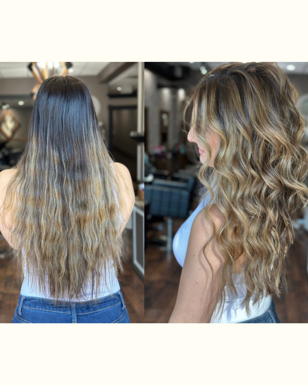 Side-by-side comparison of a woman with long, wavy hair before and after a hairstyling change, showing a transition from dark roots with ombré blonde to a more uniform warm blonde with defined curls.