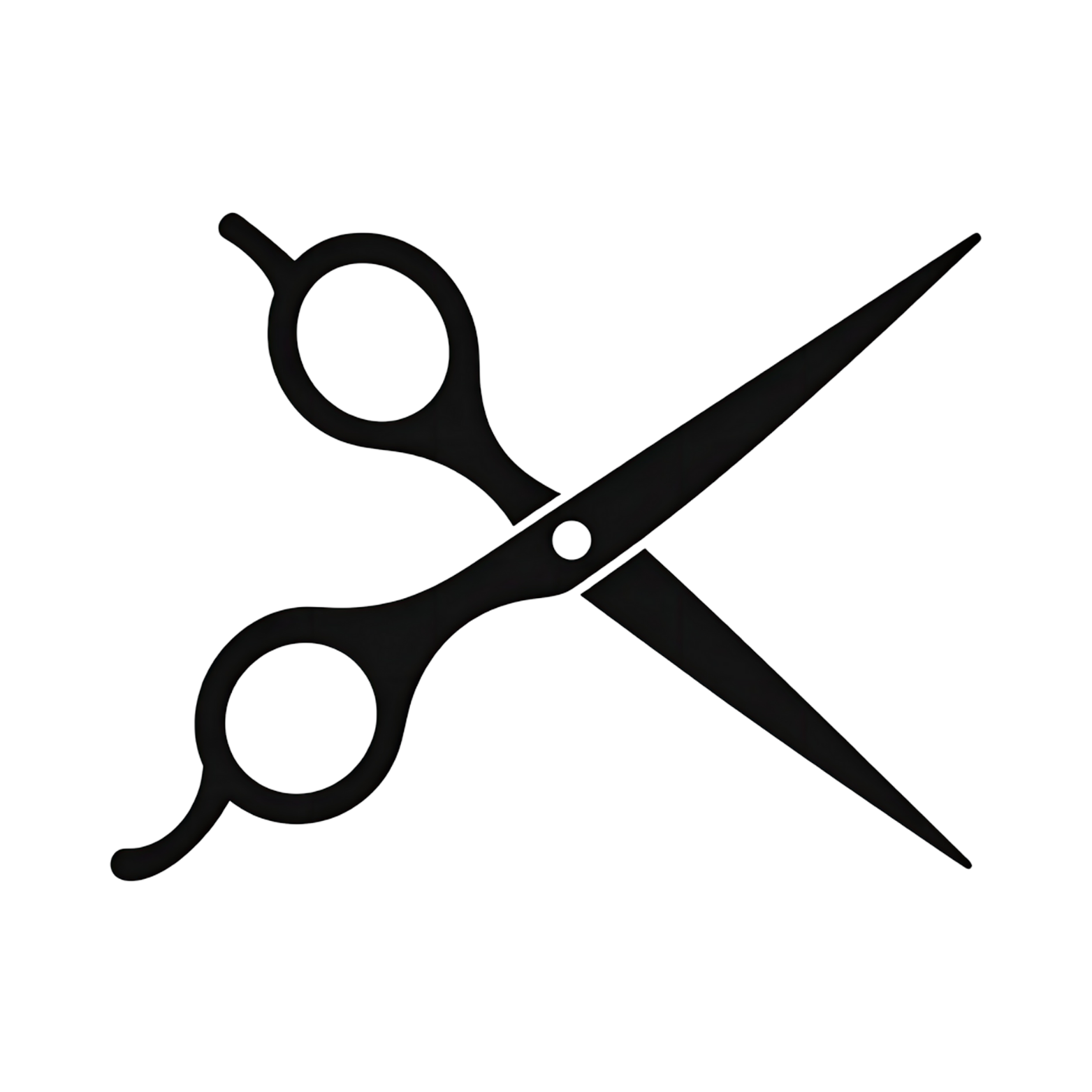 Black hair cutting scissors positioned diagonally against a white background.