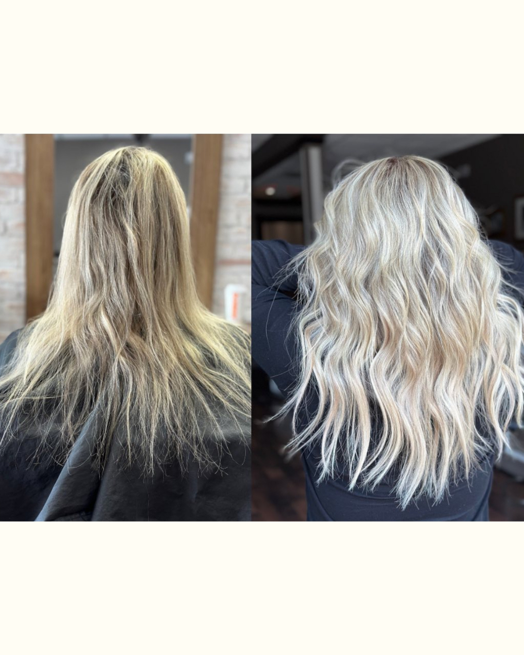 Side-by-side comparison of a woman's blonde hair before and after a professional styling. The before image shows frizzy, unstyled hair, and the after image shows smooth, wavy, styled hair.