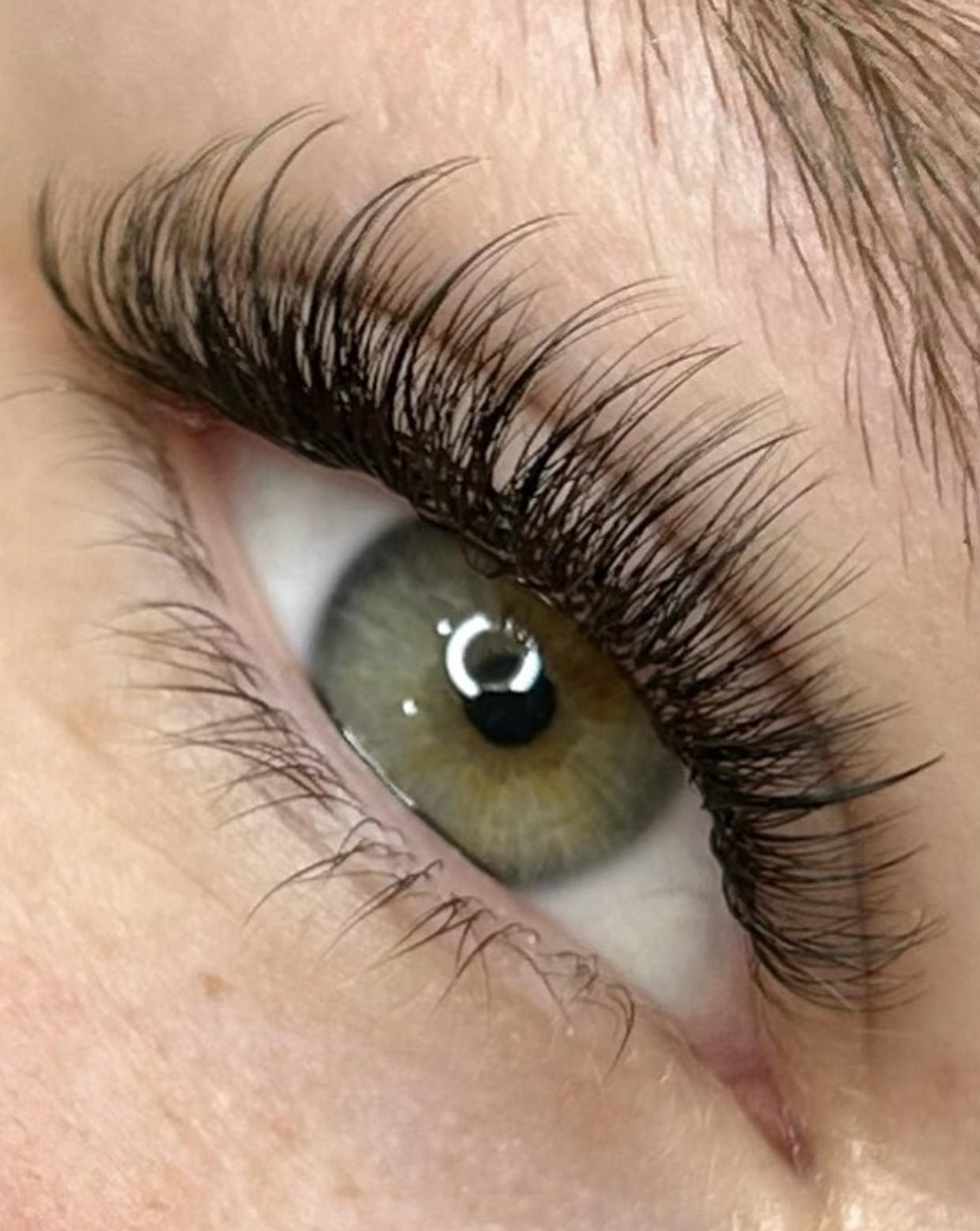 Close-up of a green eye with long, curled eyelashes and a reflection of a ring light in the cornea.
