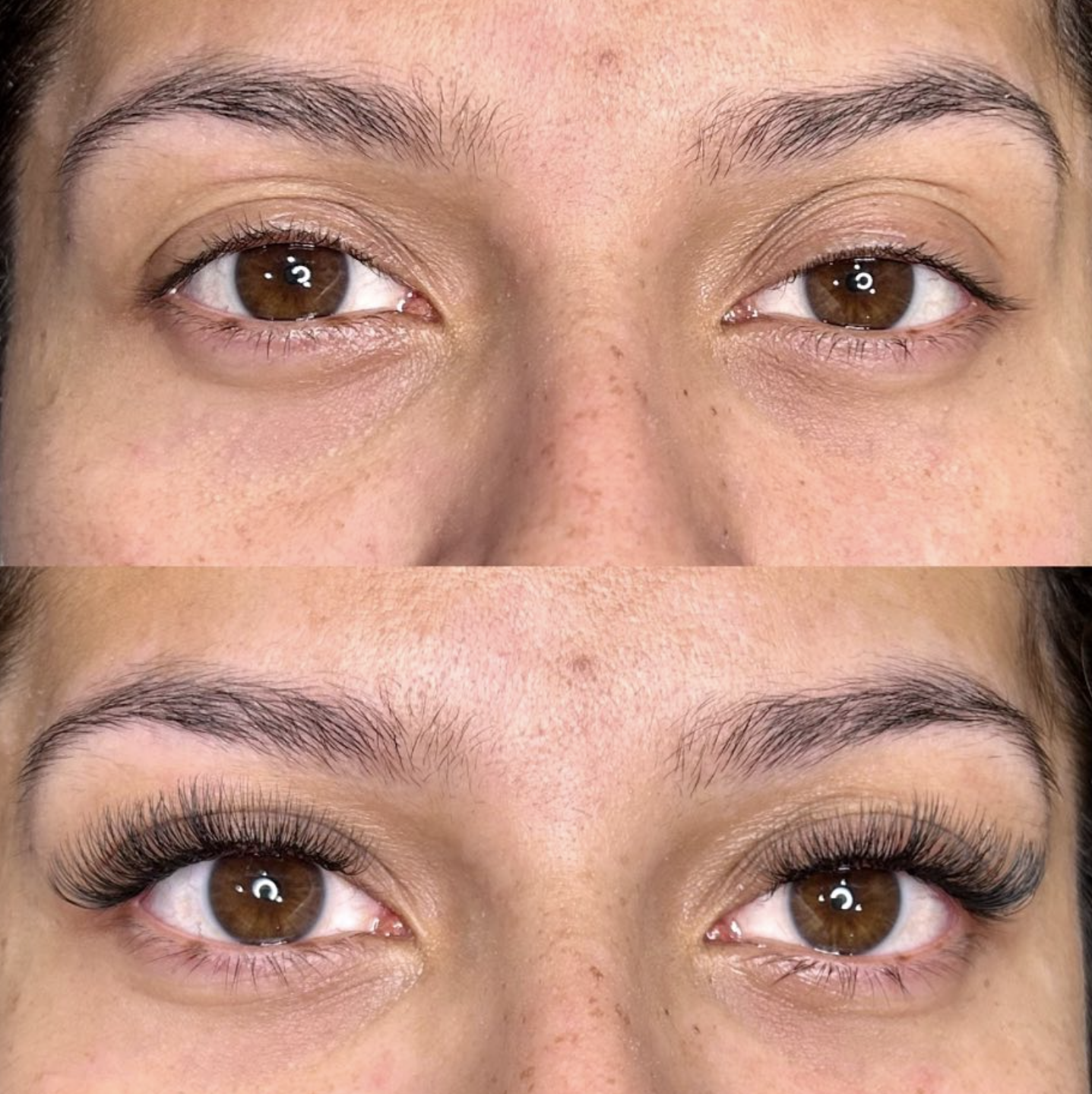 Close-up of a person's eyes before and after eyelash extension application, showing longer, fuller eyelashes in the after image.