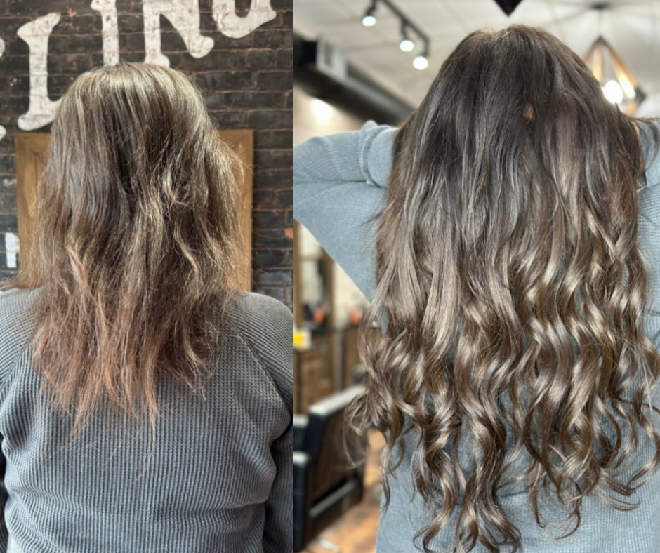 Comparison of a woman's long, wavy, brown hair before and after styling at a salon.