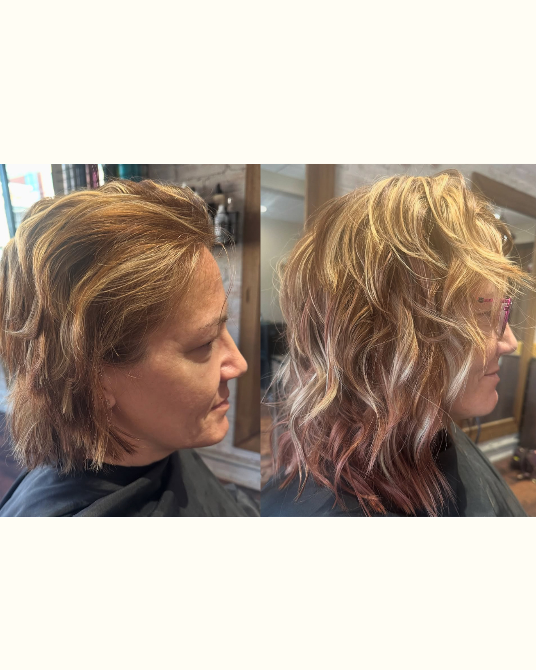 Side-by-side comparison of a woman before and after a hair transformation, showing a shift from a simple, straight hairstyle to a layered, wavy, and highlighted hairstyle.