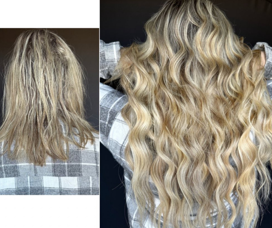 Comparison of a woman's hair before and after a hair styling treatment showing straight, frizzy hair on the left and long, wavy, blonde hair on the right.