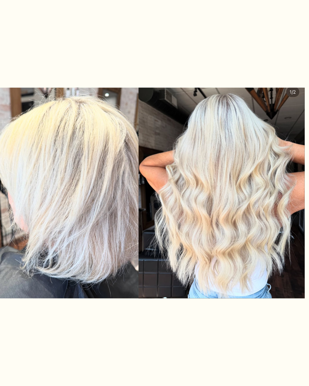 Side-by-side comparison of a woman's shoulder-length blonde hair before and after a hair transformation, showing from dull, frizzy hair to shiny, wavy, platinum blonde hair.