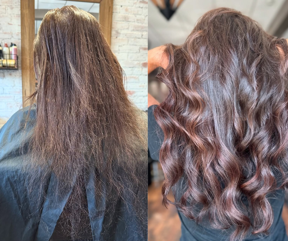 Before and after images of a woman's hair, showing a transformation from frizzy, unstyled hair to styled, shiny, wavy hair.