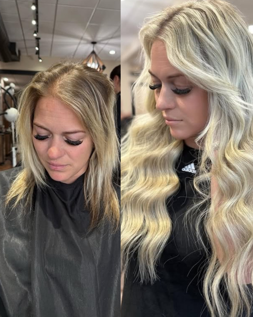 Side-by-side photos of a woman before and after getting blonde wavy hair at a salon.