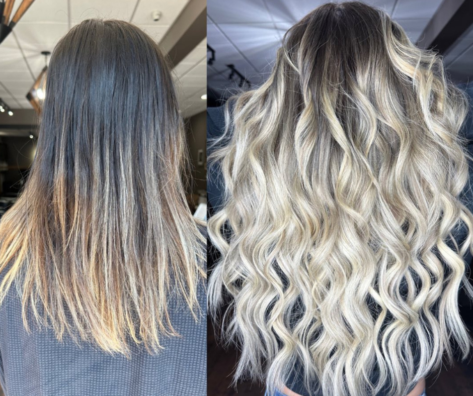 Comparison of a woman's hair before and after a professional hair coloring. Before: straight, dark brown hair with lighter tips, slightly uneven. After: long, curly, platinum blonde hair with darker roots and a shiny finish.
