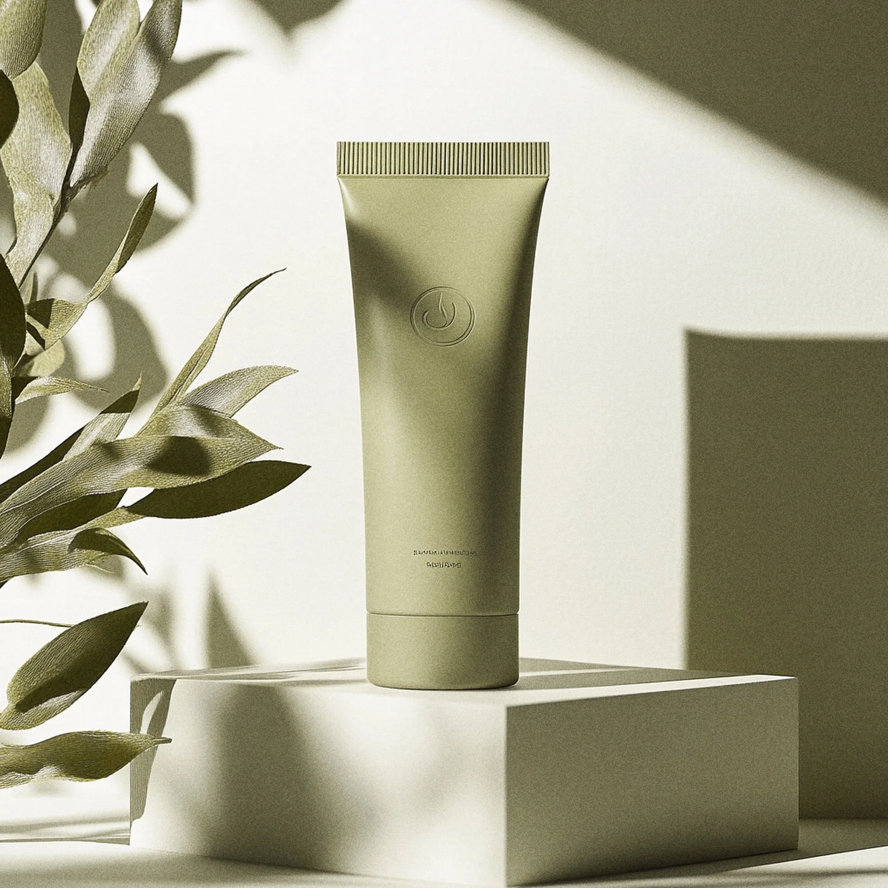 A beige tube container with a subtle logo is placed on a white pedestal, with shadows and leaves nearby creating a minimalist aesthetic.