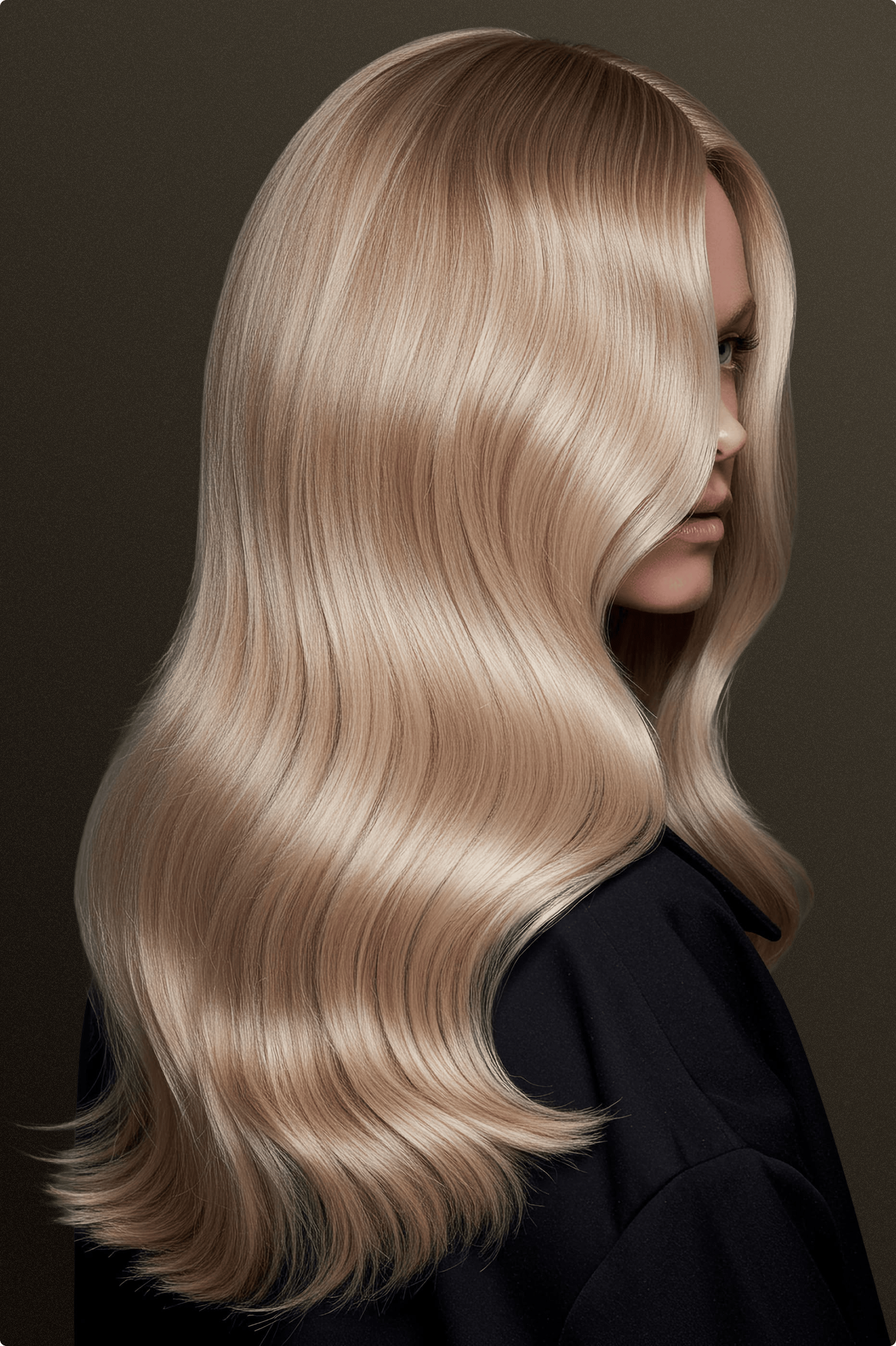 A woman with long, wavy, blonde hair styled in smooth, glossy waves, facing sideways.