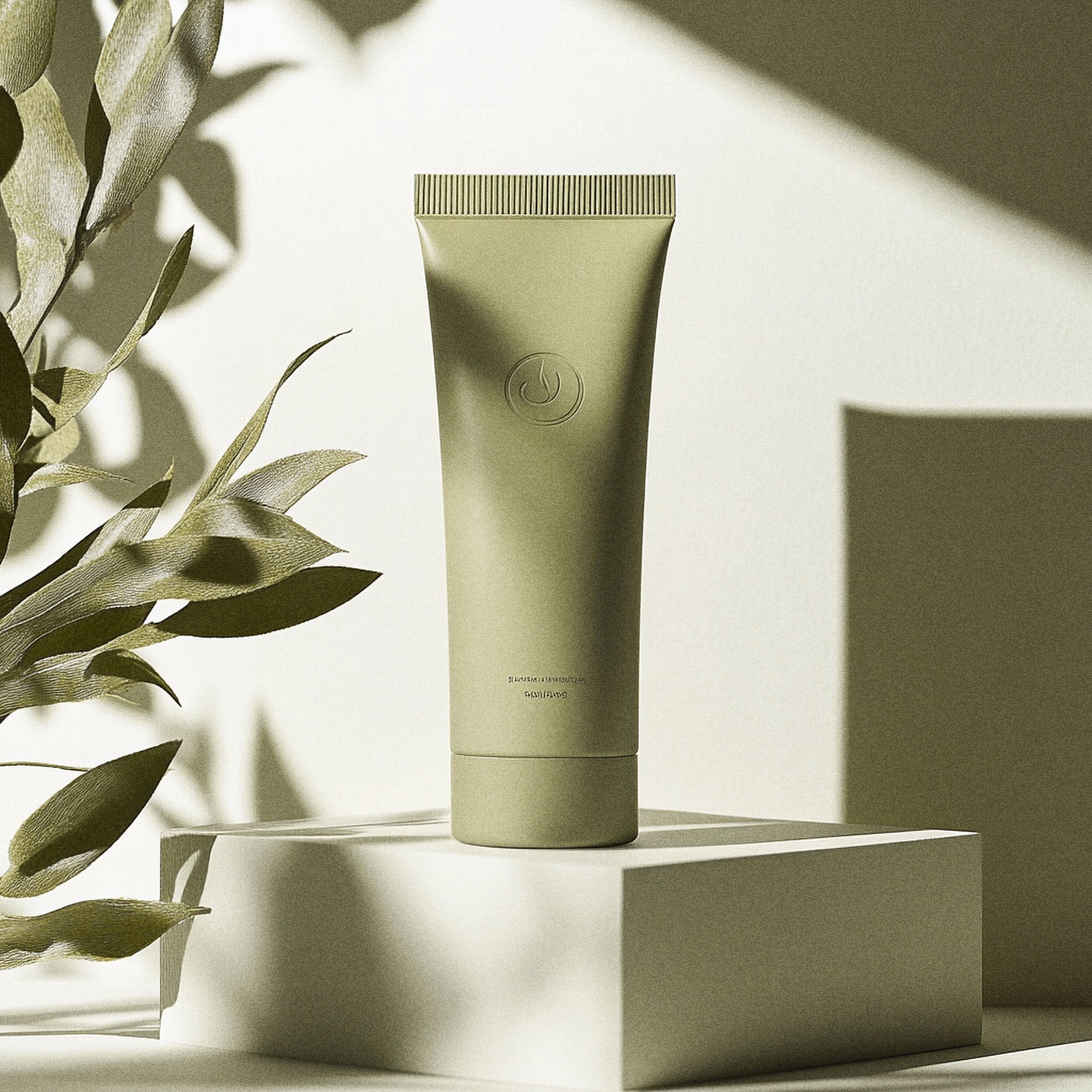 A beige tube of skincare product with a circular logo, placed on a white platform with a plant on the left, casting shadows on a neutral background.