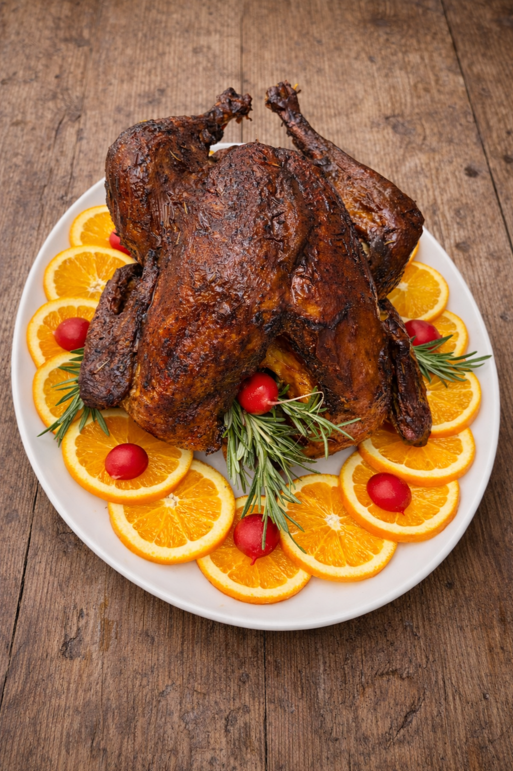 Roasted whole chicken on a white platter garnished with orange slices, radishes, and sprigs of rosemary, set on a wooden surface.