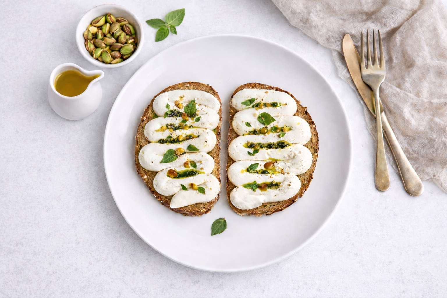 Open-faced avocado toast topped with sliced mozzarella, drizzled with oil and herb garnish, served on a white plate with a side of pistachios, fresh basil, and cutlery.