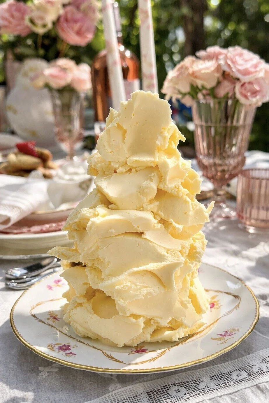 A large pile of mashed potatoes on a decorative plate set on a table during an outdoor gathering with flowers, candles, and glassware in the background.