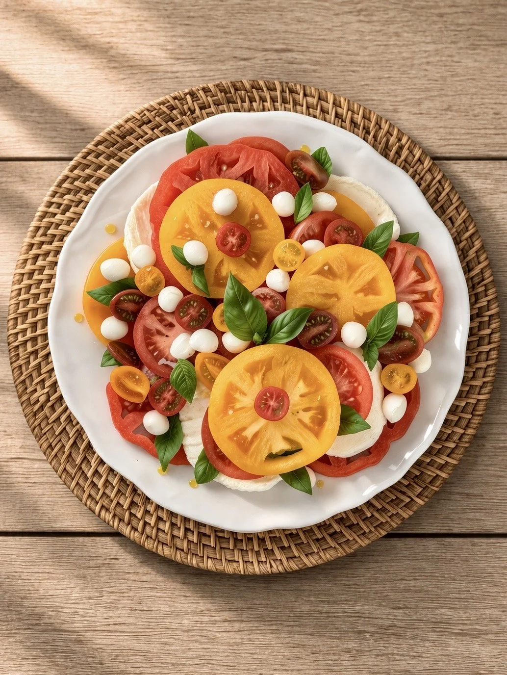 A plate of Caprese salad with sliced tomatoes, fresh basil leaves, mozzarella balls, and balsamic glaze on a wooden table.