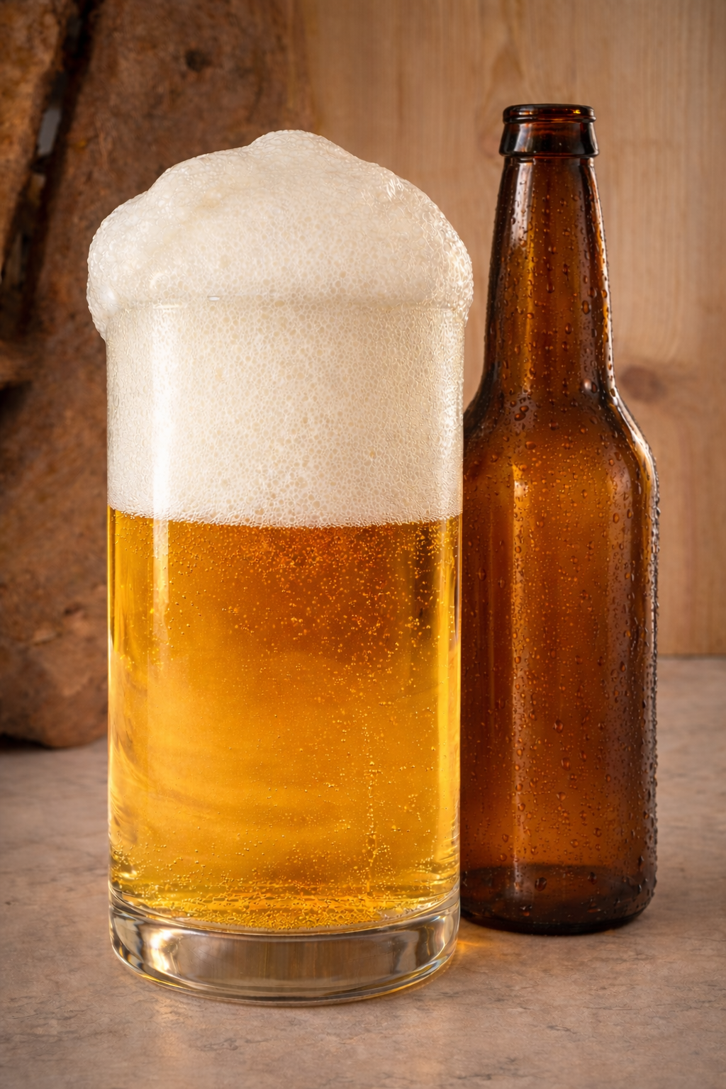 A glass of cold beer with foam on top and a brown beer bottle behind it, both with condensation, on a wooden surface.